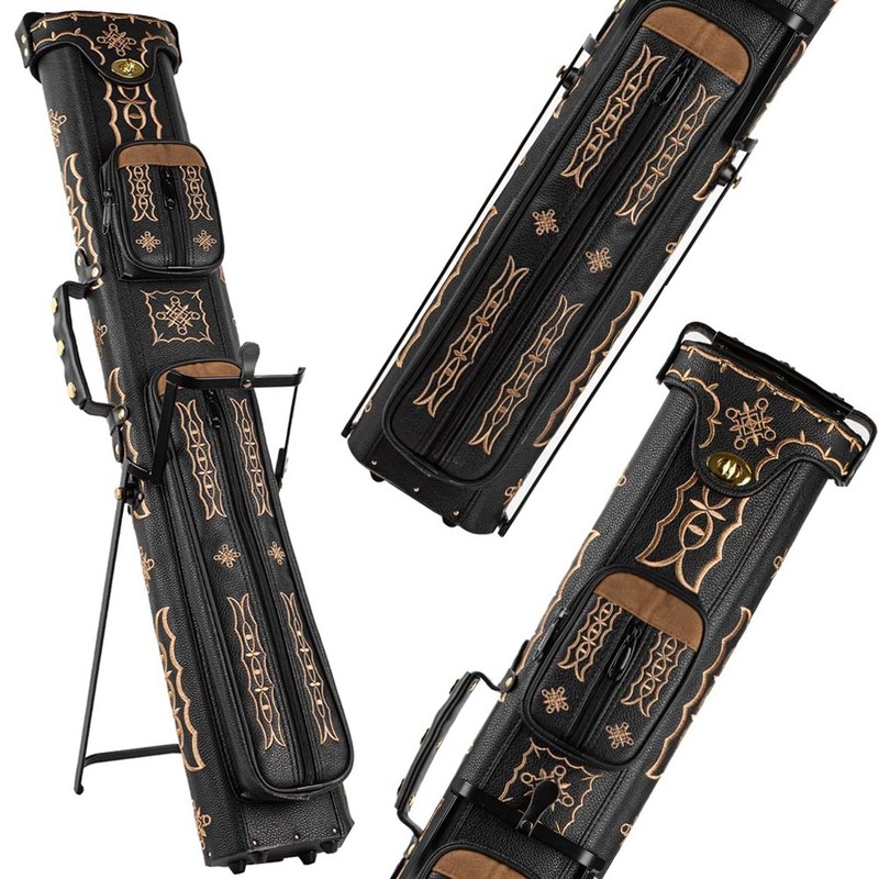 Pool Cue Case 2x4 Embroidery Hard Case W/Stand Holds 2 Butts 4 Shafts PU Leather