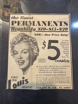 c.1953 Marilyn Monroe Newspaper Ad Cutout “Permanents $5” Vintage