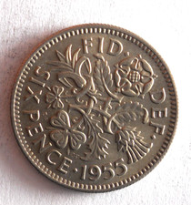 1955 GREAT BRITAIN 6 PENCE - Excellent Coin - FREE SHIP - Bin 321