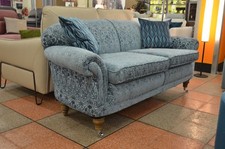 Vintage Sofa 2 Seater Metal Sprung Reupholstered 20th Century Settee Blue Damask
