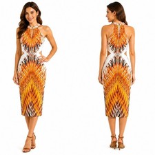 Guess Bodycon Cut Out Dress Womens XS Orange Abstract Halter Midi Sunburst
