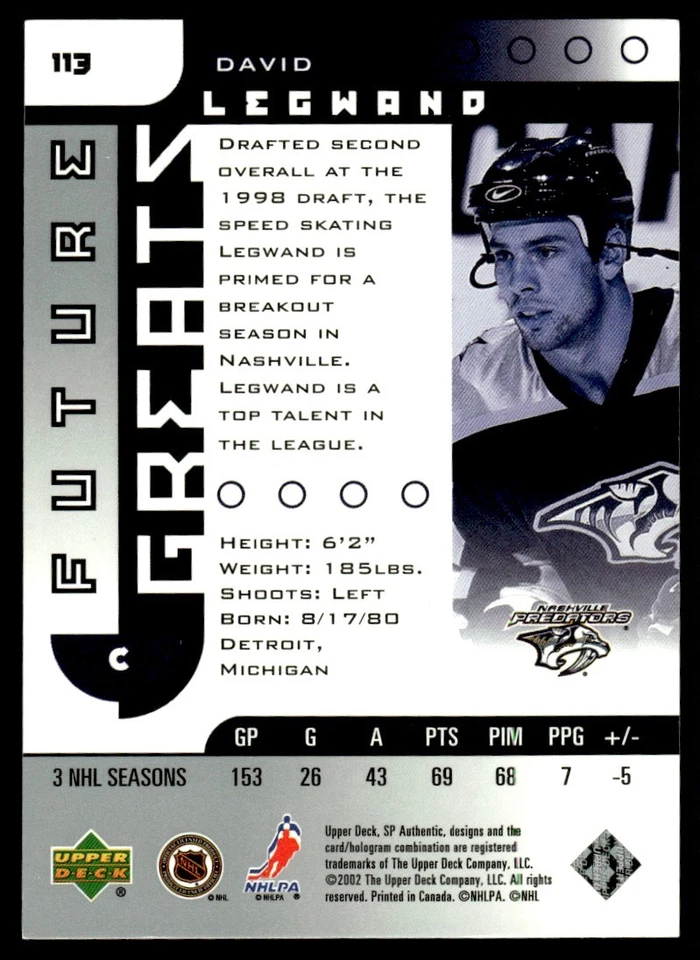2001-02 SP Authentic David Legwand 2241/3500 Nashville Predators #113 - Image 2 of 2