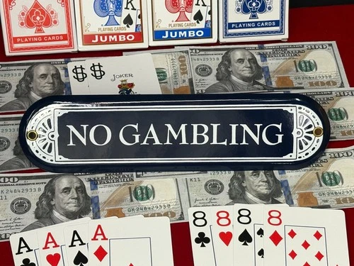 VINTAGE "NO GAMBLING" PORCELAIN SIGN, (NOS) NEW OLD STOCK (10"x 2.5")