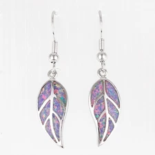 Nature Leaf Shape Lavender Purple Fire Opal Silver Jewelry Dangle Drop Earrings