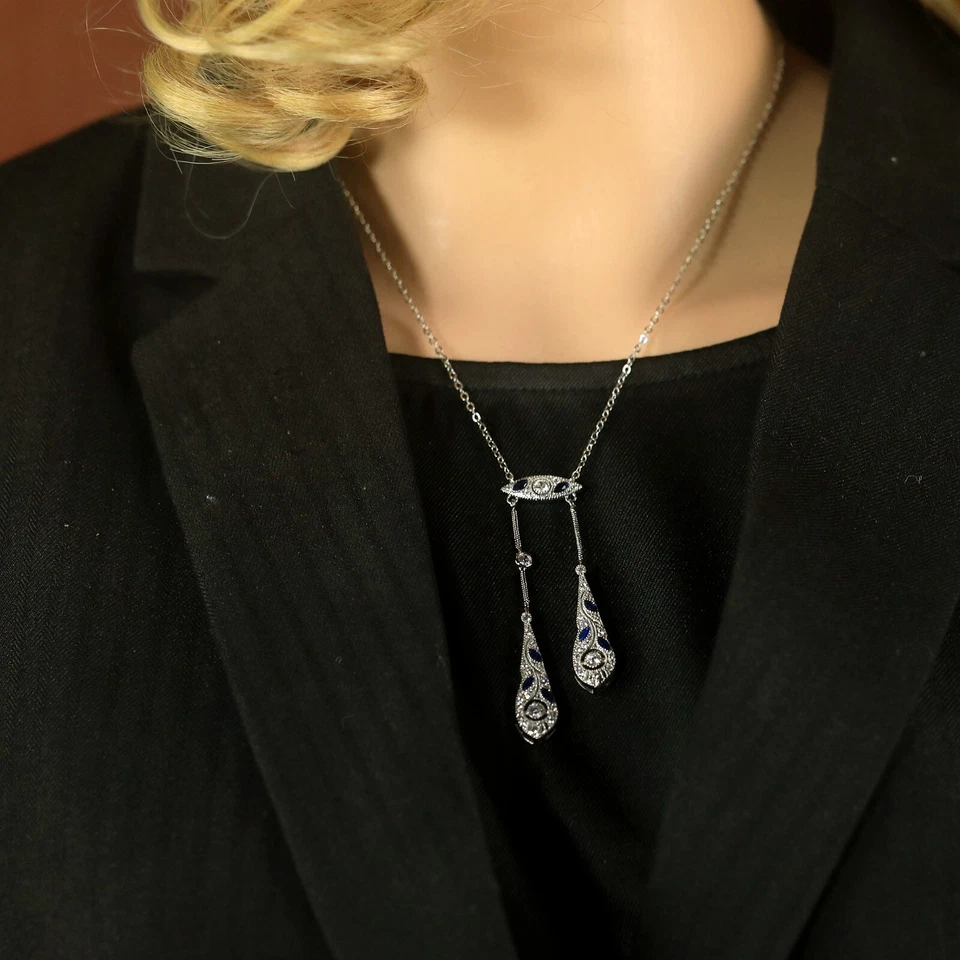 Collar Colgante Bonito Período 1890s Estilo Gota Engastado Cz Azul Rodio SB21 - Imagen 3 de 4