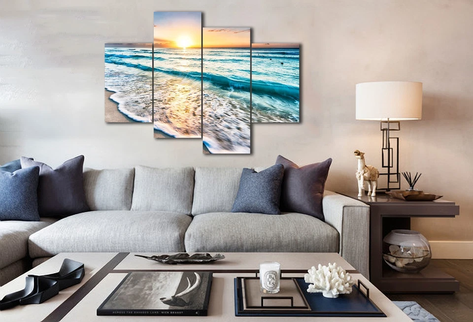 Framed split canvas prints seascape print Sunset beach modern art wall ocean - Image 2 of 3