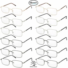 Reading Glasses Mens Womens 12 Pack Spring Hinge Square Metal Frame Wholesale