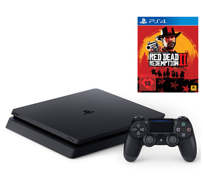 PS4 Konsole Slim 500GB schwarz + Red Dead Redemption II + Original Pad Top Zusta