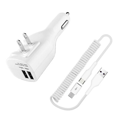 2-in-1 Car Home Charger Coiled USB Cable Micro-USB to USB-C for Smartphones