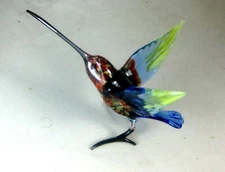 blown glass animal bird hummingbird murano style figurine ornament blue red 4.8"