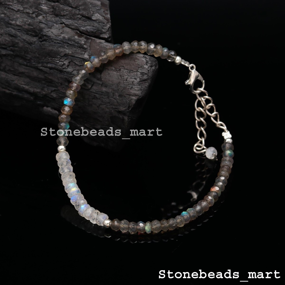 Bracelet Impilabile In Gemme Naturali 7 Pollici, Labradorite, Moonstone E Zaffiro Blu, Taglio Sfaccettato 3mm, Con Chiusura Argentata, Unisex