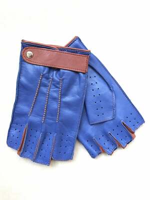 Fingerless Driving/ Cycling/ Fitness Blue Leather Handmade Gloves
