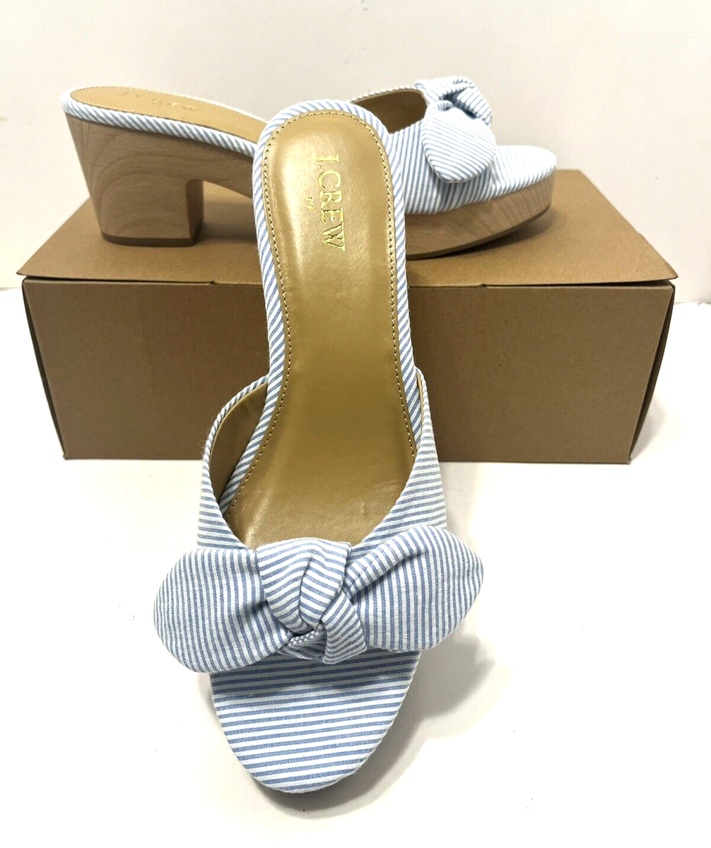 J Crew Retro Printed Platform Heeled Mules with Bow in Blue Stripe