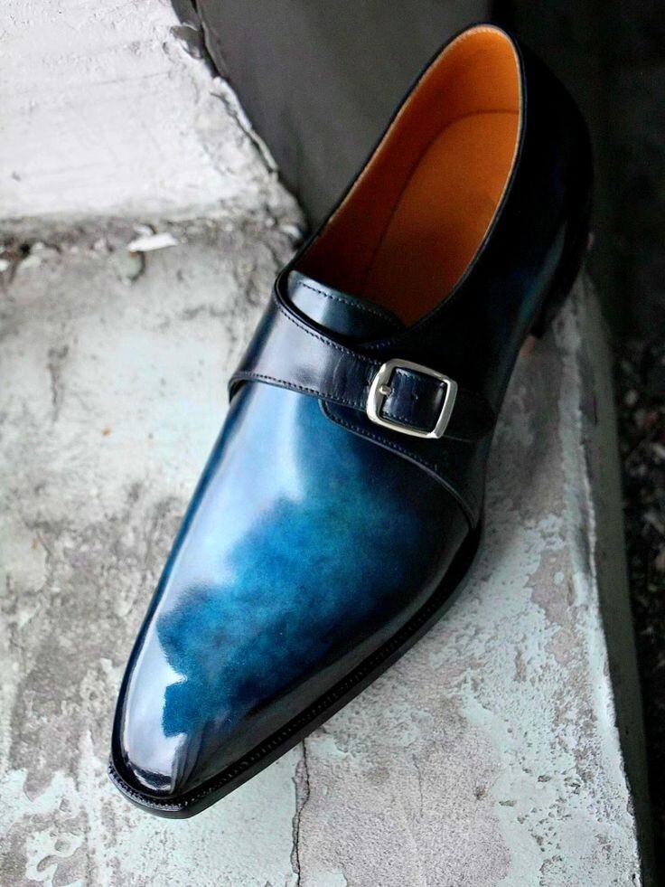 handmade men light blue Leather Single Monk Strap Loafer shoes Wedding and  Party | eBay