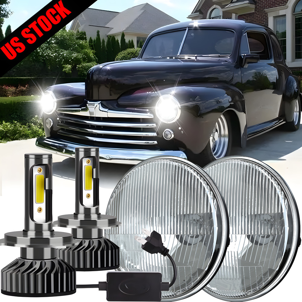 For Ford F1 1948-1952 Pair 7" Inch Round H4 LED Headlights Hi/Lo Beam white