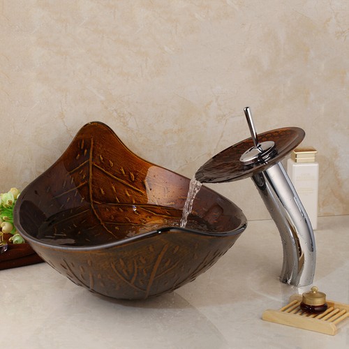 Juego de lavabo de hoja marrón fregadero ovalado encimera lavabo de vidrio mezclador de grifo drenaje - Imagen 4 de 12