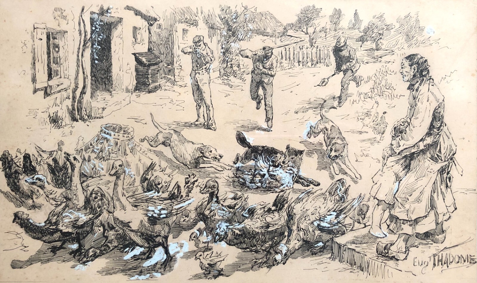 Dibujo antiguo firmado por Eugène Thadome, Masacre en el patio bajo, encuadra...