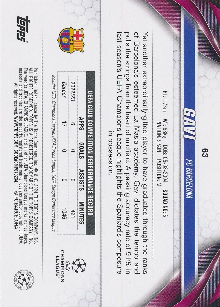 63 GAVI 2023-24 Topps UEFA Club Competitions FC BARCELONA | eBay