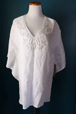 NWT Peck & Peck White Linen Beaded V Neck Boho Beachy Coastal Boxy Tunic Top XL