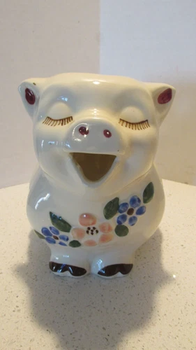 Vintage Hand Painted Shawnee Pottery Smiley Pig Pitcher 7.63" x 8" x 5.5"