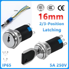 16mm Rotary Key Switch Latching 2/3 Position Selector Security Lock ON/OFF 5A