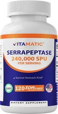 Vitamatic Serrapeptase 240,000 SPU Servings, 120 Delayed Released Capsules - Su