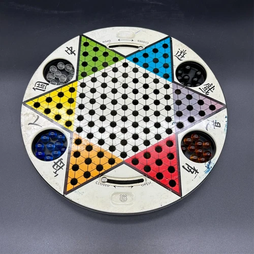 Vtg J. Chein Chinese Checkers 10 Inch Metal Tin w Marbles Twist Close Storage