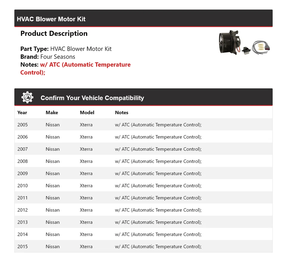 Kit de motor soplador de climatización para Nissan Xterra 2005-2015 4 estaciones 2006 2007 2008 2009 Foto 2 de 3