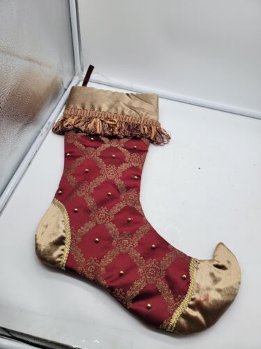 CHRISTMAS STOCKING IN CRANBERRY AND GOLD - FRINGE ON TRIM - 20"