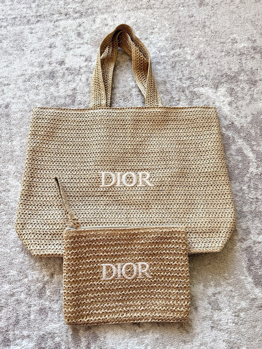 Dior 手提げ袋 Dior Beauty 2 Piece Raffia Beige Woven Tote Bag & Zip Pouch GWP