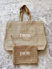 Dior Beauty 2 Piece Raffia Beige Woven Tote Bag  Zip Pouch GWP Embroidered New