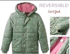 Cat  Jack Girls Puffer Jacket Reversible Hooded Heart Print Green Pink L 10/12