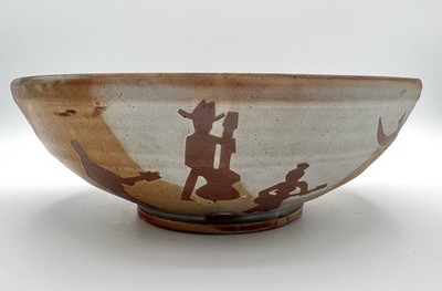 Handmade Studio Pottery Bowl 9.25''/Primitive Animal & Figure Motifs/Rustic Art
