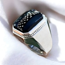 silver ring 925 Sterling Silver men's ring natural yemeni black agate aqeeq akik