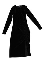 Old Navy Dress Womens XS Black Velvet Side Ruched Long Sleeve Bodycon Midi Party