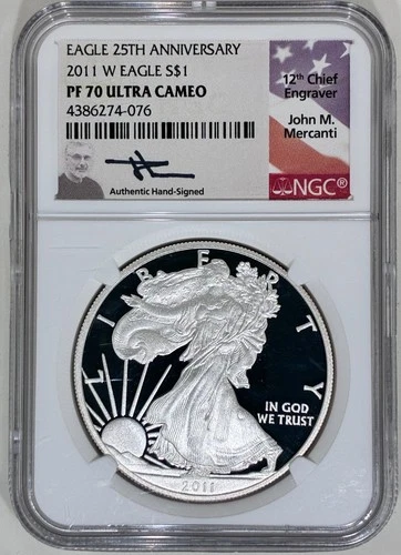 2011-W American Silver Eagle NGC PF70 Ultra Cameo Mercanti Signed 25th Anniv