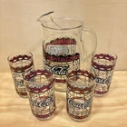 Vintage Coca-Cola Pitcher & 4 Glasses Set Stained Glass Style Trader Mark