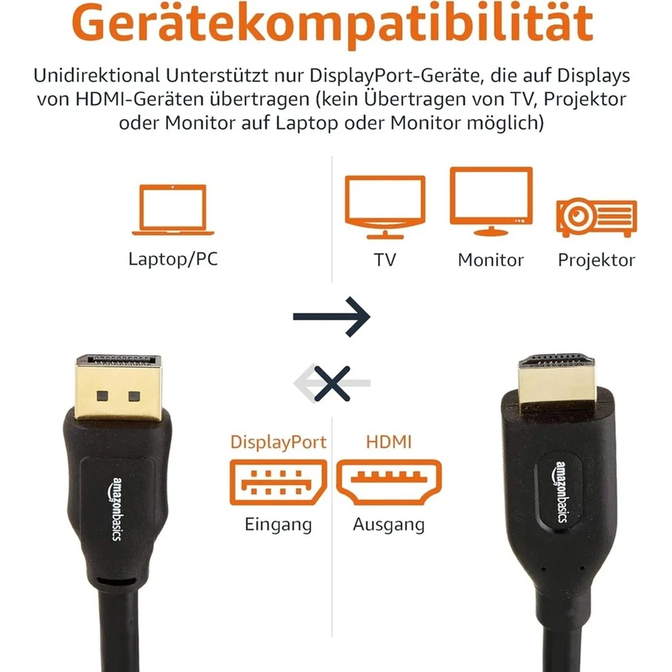 Amazon Basics DisplayPort auf HDMI Kabel 1,8 m 4K 30Hz unidirektional Schwarz - Bild 2 von 3