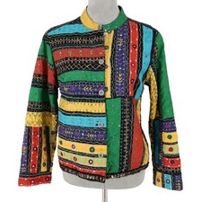 Chicos Jacket 1 Womens 8 Medium Cotton Patchwork Lined Colorful Embroidery