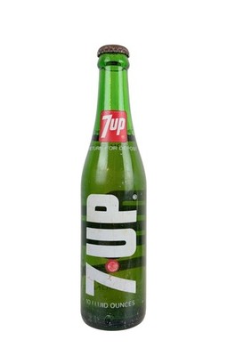 7Up Glass Soda Bottle 10 Fluid Ounces Green Applied Color Label Unopened Full!!