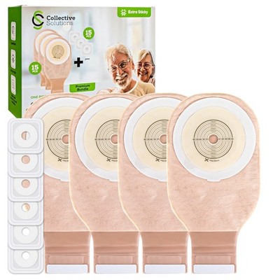 30 Pack Ostomy Supplies Bundle - 15 Colostomy Bags & 15 Barrier Rings, One-Piece