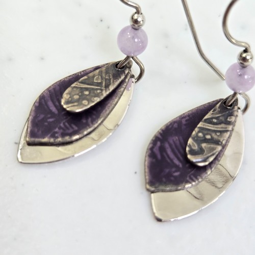 Silver Forest Purple Earrings Dangle Silver Tone Textured Layered Small Boho - Picture 3 of 6