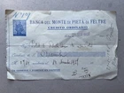 O.) Bank of exchange check of Banca del Monte di Pietà di Feltre Belluno 1927 defects