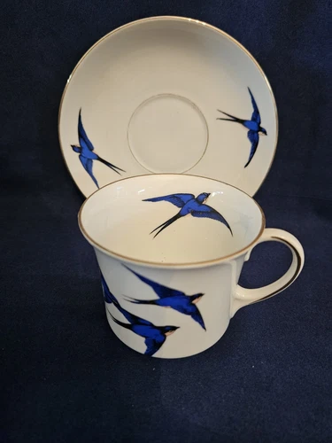 Blue Bird China 2 tazas de té, platillo, 2 platos laterales Checoslovaquia dorado años 30 - Imagen 4 de 14