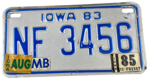 Vintage Iowa 1985 Motorcycle License Plate NF 3456 Man Cave Garage Wall Decor