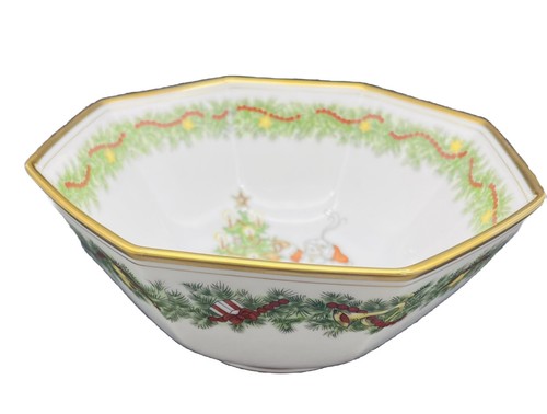 Fitz & Floyd 7" Octagonal Bowl St. Nicholas Gold Rim Santa Christmas Tree 1977 - Picture 13 of 17