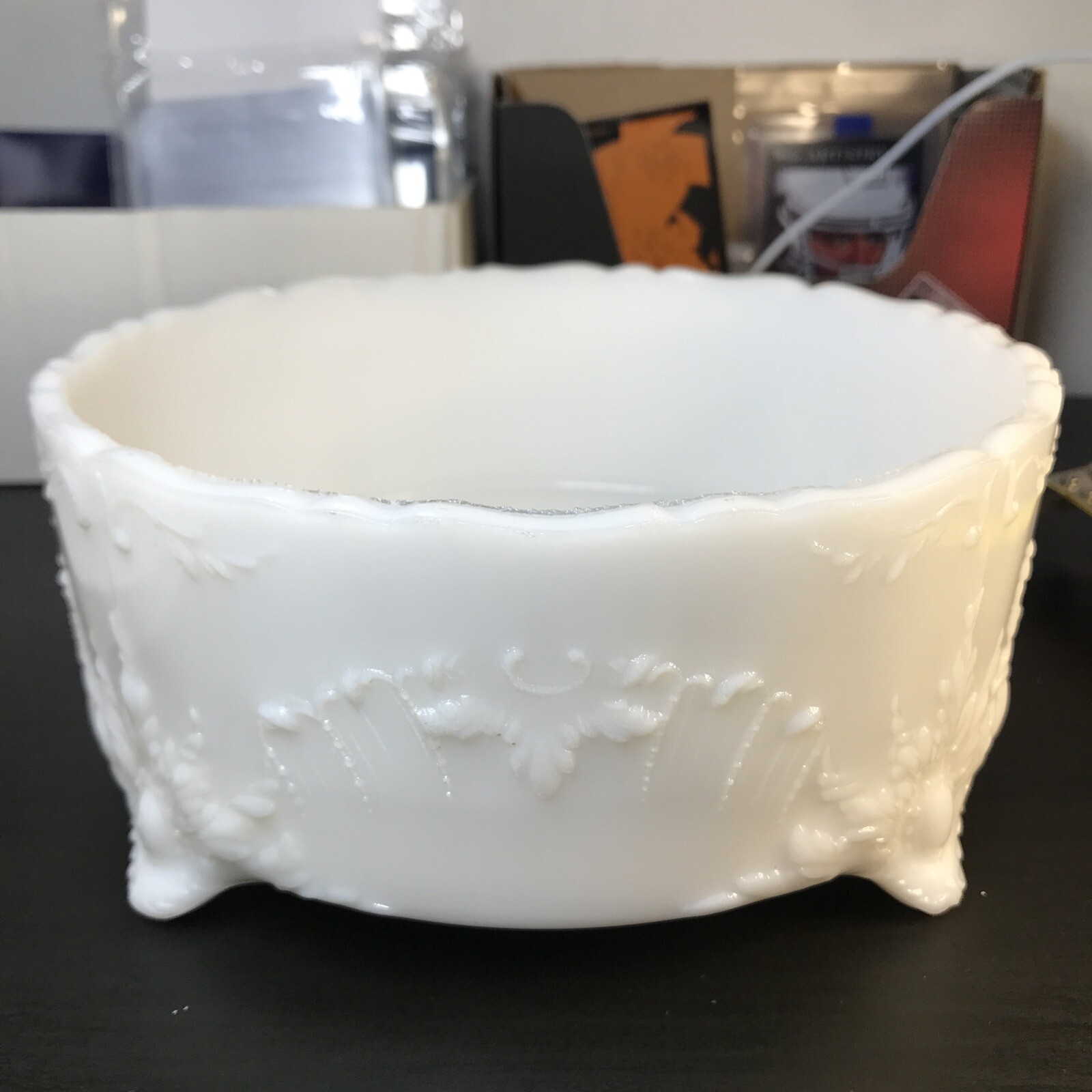 Vintage Milk glass Footed Bowl Has Designs 7.5x3.5 Nice