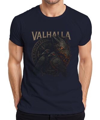 Valhalla Odin Hugin Munin Raven Wolf Viking Runes Norse Saga Men's T-Shirt