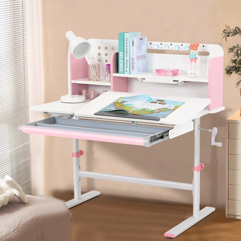Rosa Höhenverstellbarer Kinder Arbeitszimmer Schreibtisch Ergonomischer Tisch Neigbar Schreibtisch, Schublade, Regal - Bild 2 von 4