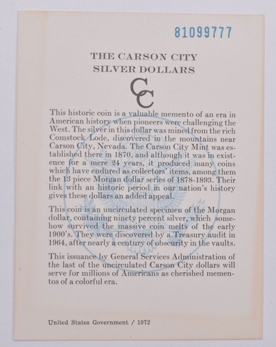 1881 GSA COA Certificate Original Card for CC Morgan Silver Dollar (1card)